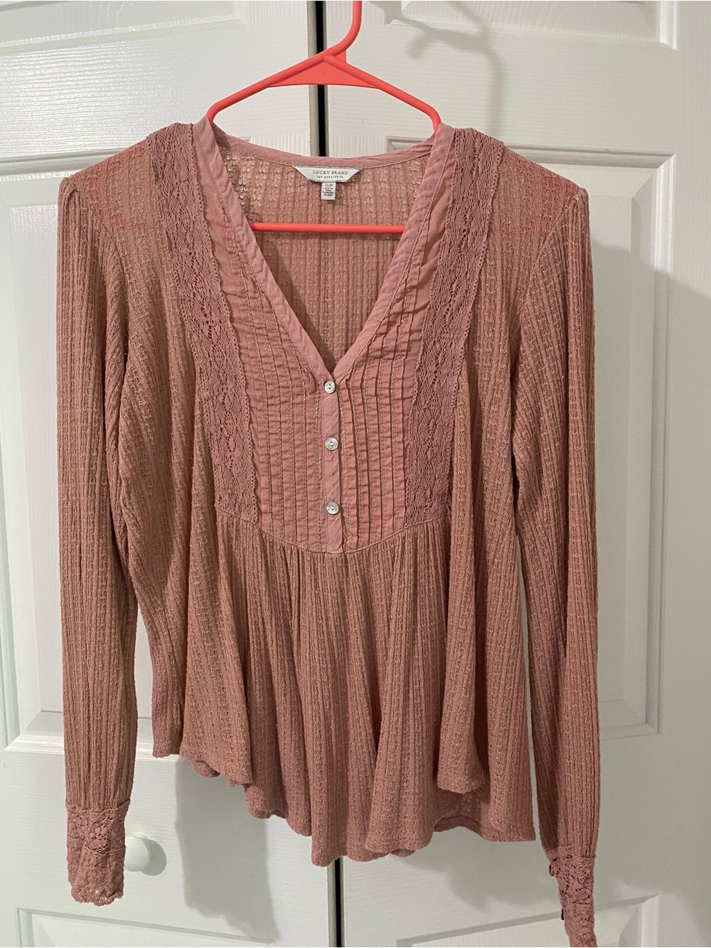 Lucky Brand Dusty Rose Lace-Trim Long Sleeve Peasant Blouse